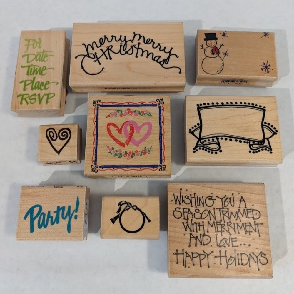 Mixed Lot 9 Wood Rubber Stamps Christmas Holiday Wedding Inkadinkado PrintWorks